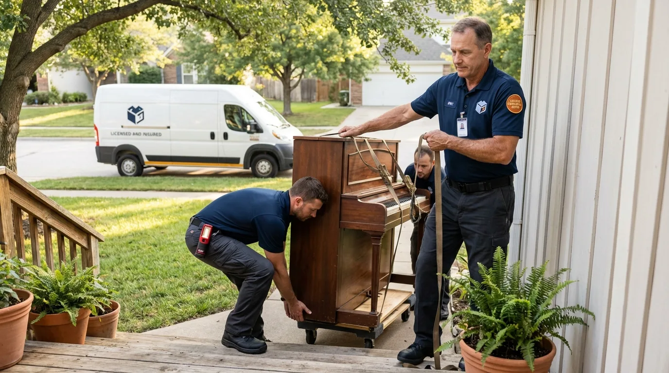 Licensed piano movers securing grand piano in Emmitsburg, MD