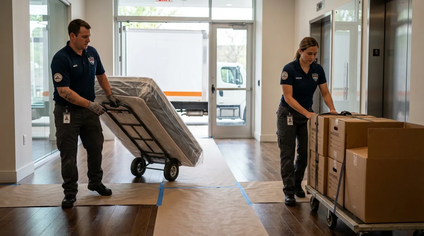 Professional apartment movers loading elevator in Emmitsburg, MD